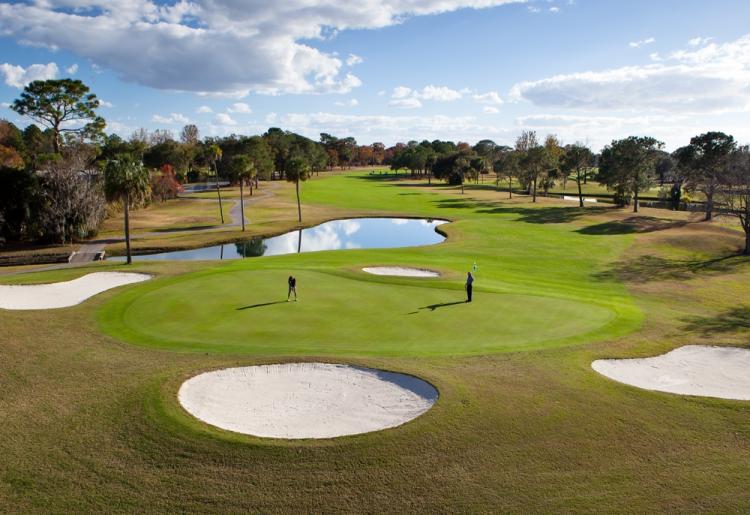 A golfer attempts a putt on the golf course.