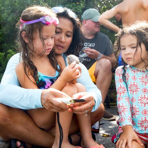 family scalloping on pier